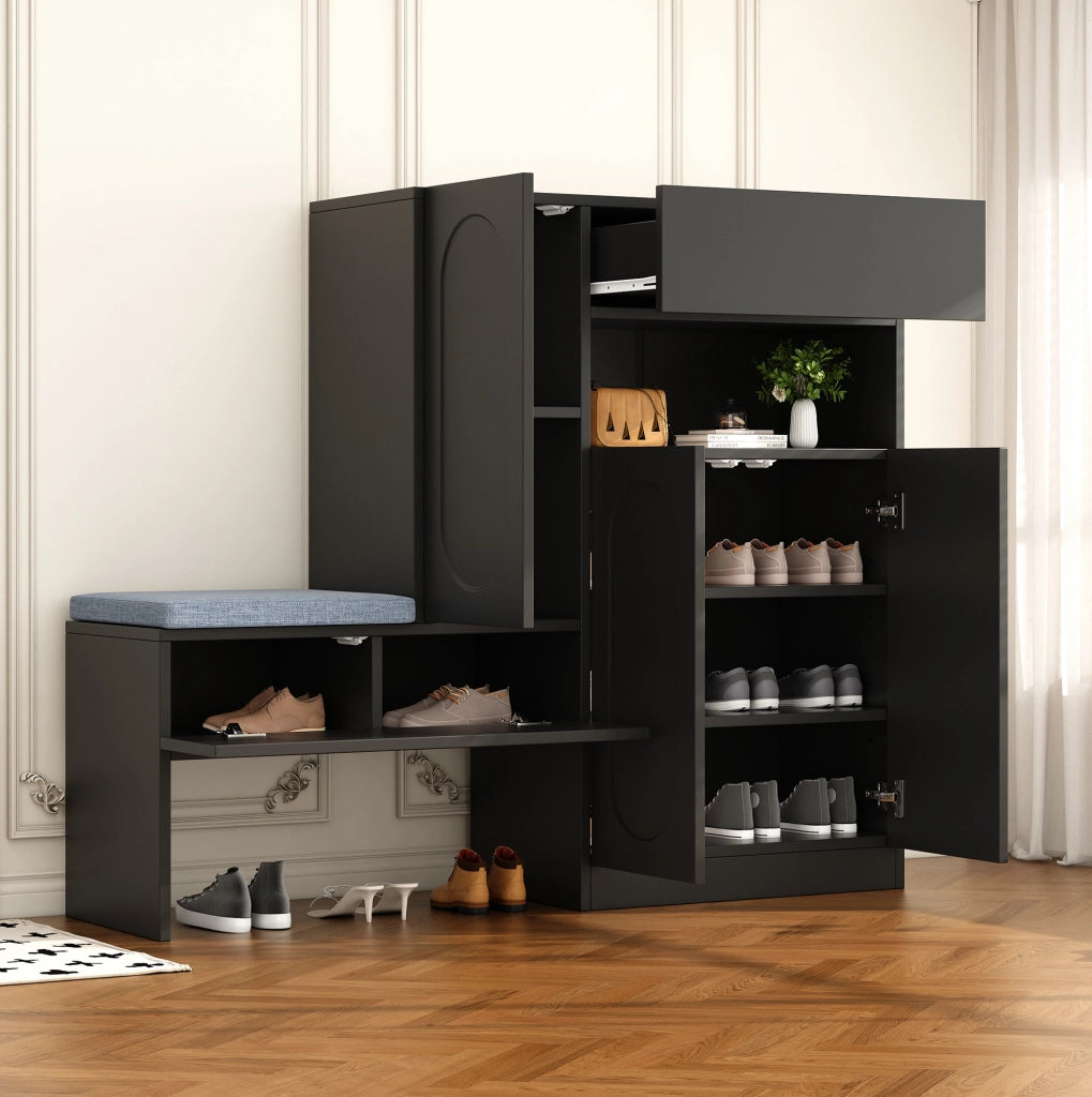 Scarpiera con panca 130x35x110 cm; ante con chiusura ammortizzata; pannello truciolare nero