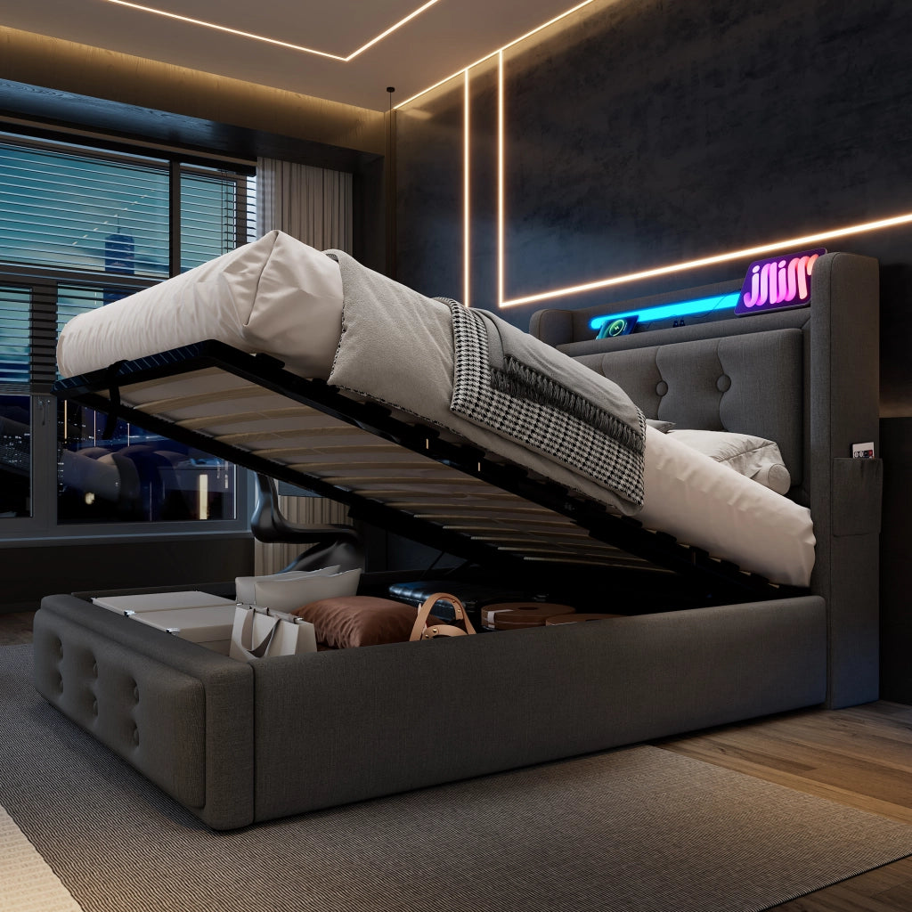 Letto contenitore imbottito grigio 90 x 200 cm con LED
