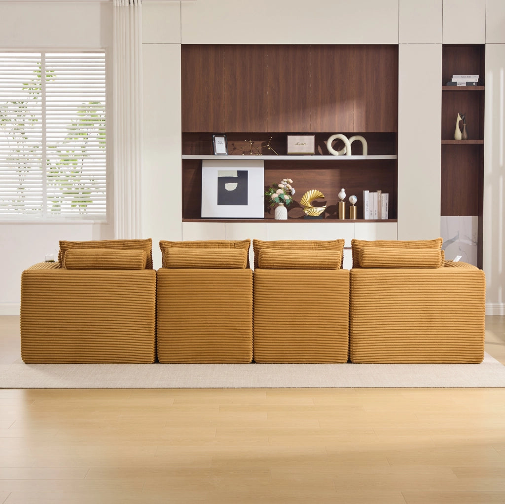 Divano modulare 4 posti con 2 pouf, tessuto a coste arancione, con portabicchieri e tasche laterali