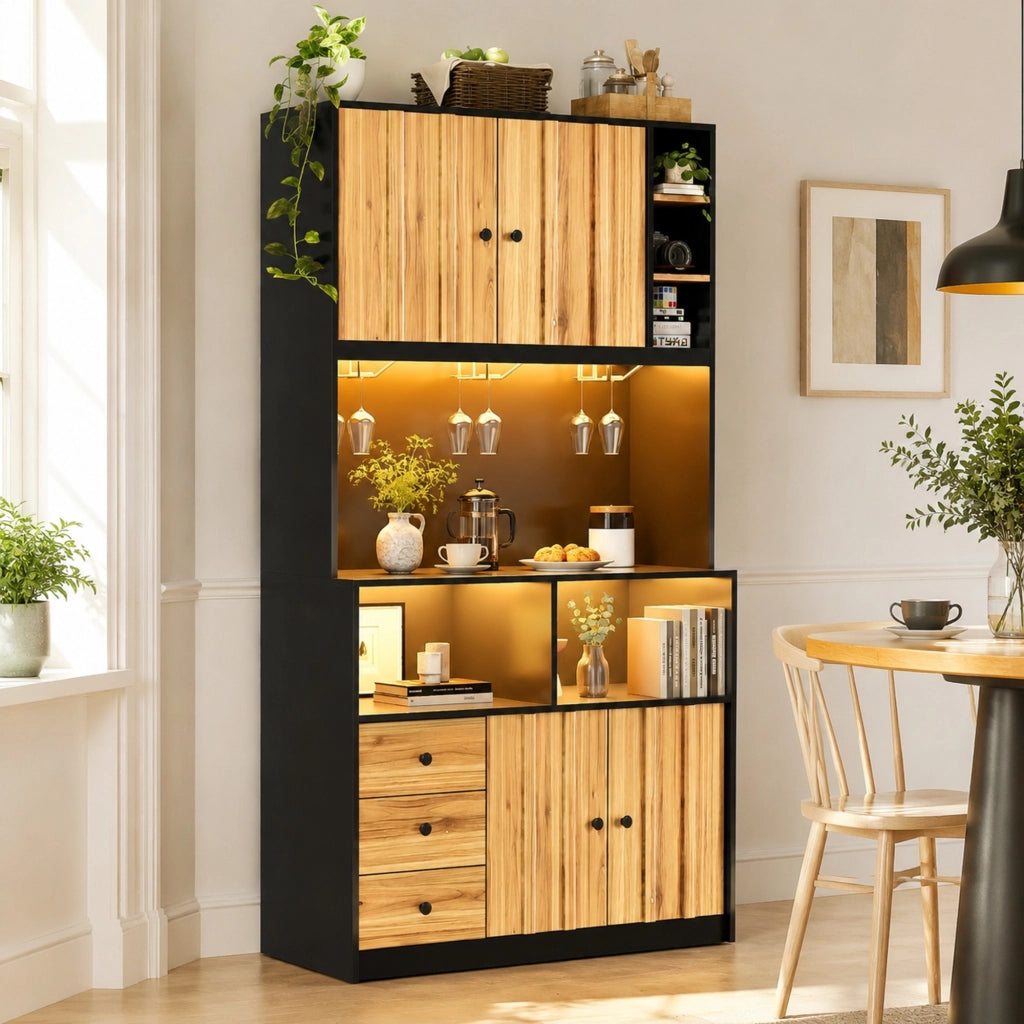 Mobile da cucina alto 180 cm con illuminazione LED, prese integrate, portabicchieri e vetrina in MDF
