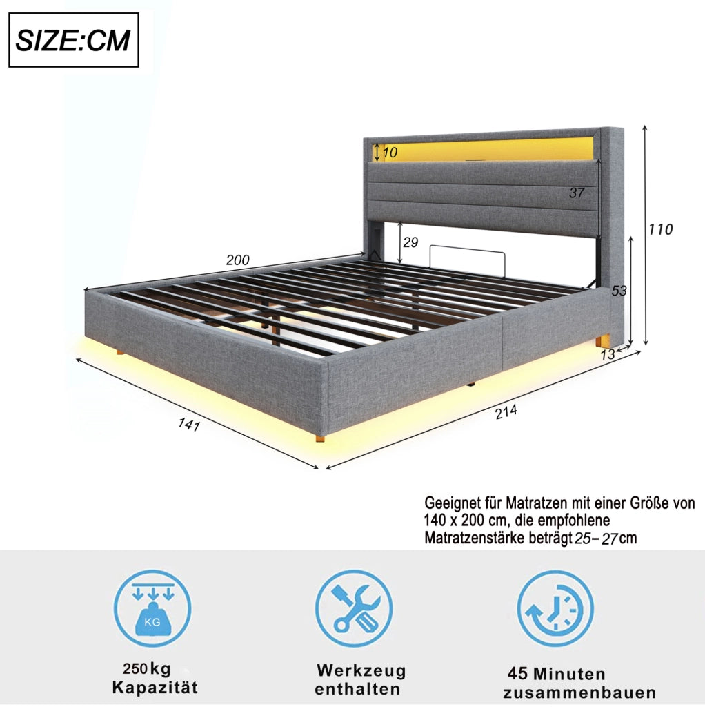 Letto imbottito 140x200 cm con contenitore idraulico, USB e LED in lino grigio