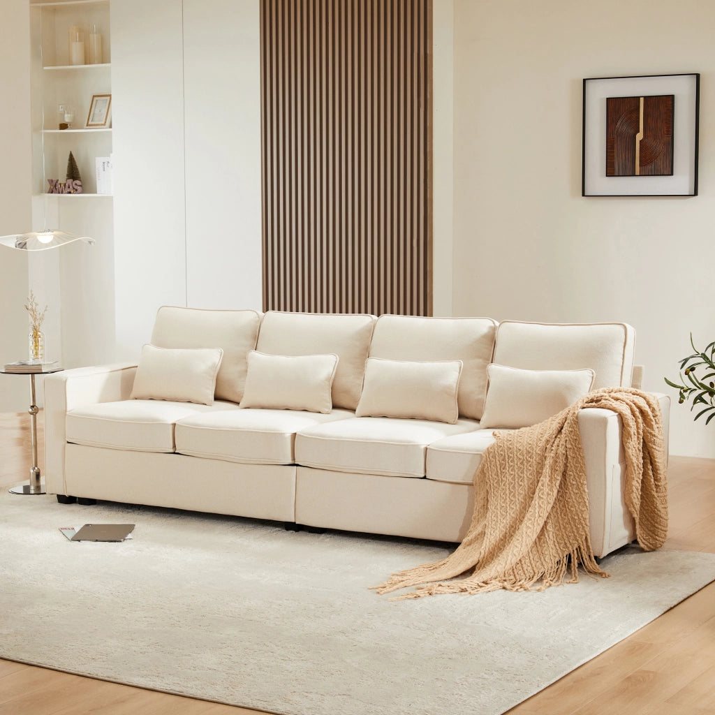 Divano 4 Posti in Tessuto con Braccioli e Cuscini ¨C MINIMAL ¨C Beige/Grigio/Verde