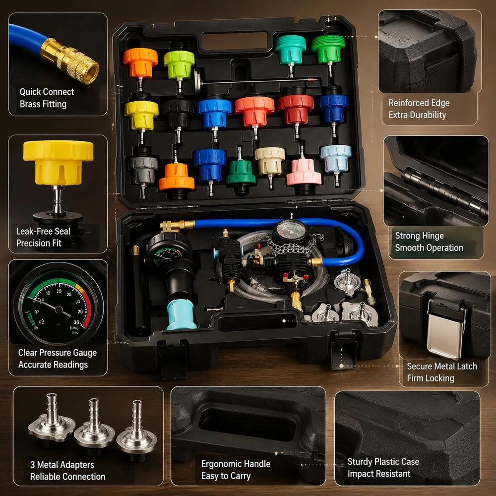 Coolant Pressure Tester Kit, 47Pcs Radiator Vacuum Refill Kit With 3 Metal Adapters, Universal Fit, Automotive Cooling System Pressure Tester Tool, With Pressures Pump & Plastic Filler