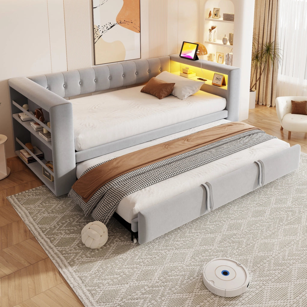 Divano letto multifunzione grigio chiaro 90/180x190 cm con LED