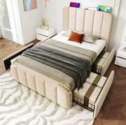 Letto singolo imbottito beige 90×200 cm con USB/Type-C e 4 cassetti
