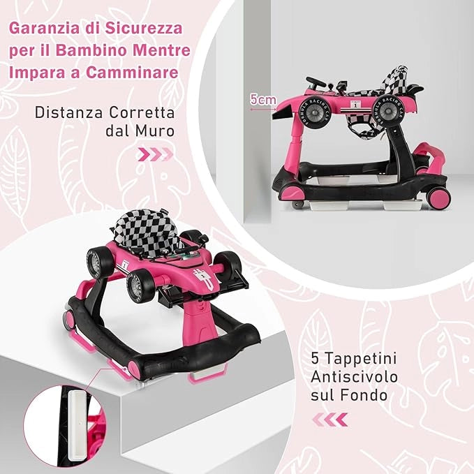 Girello per Bambini 4 in 1, Girello Pieghevole con Altezza e Velocità Regolabili, Carillon con Luci, Volante e Sedile, Primi Passi per Bambini 6-18 Mesi, Portata 15 kg (Rosa Scruro)
