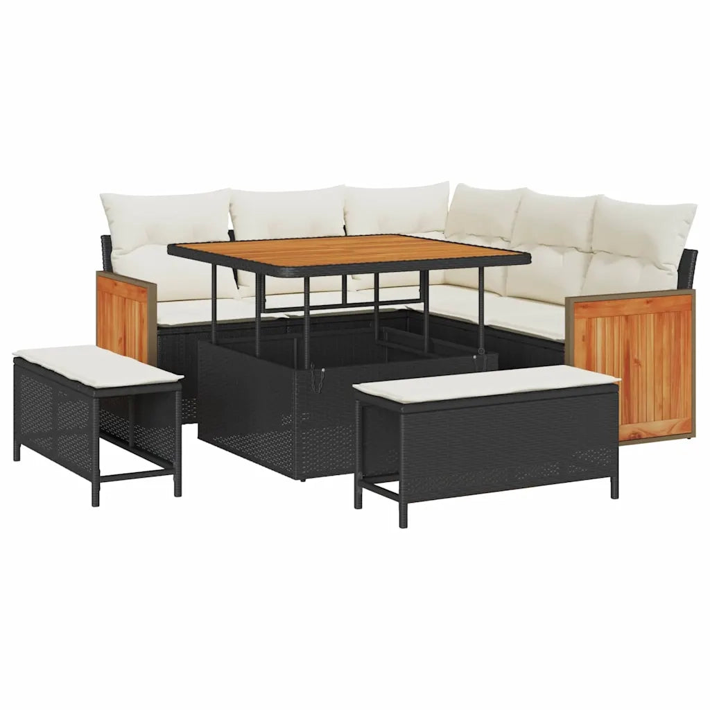 Set Divano da Giardino 9 pcs Nero e Crema polyrattan