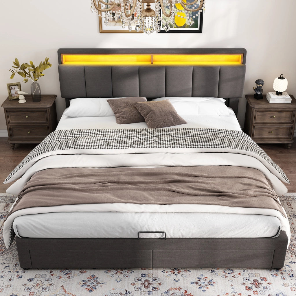 Letto imbottito 160 × 200 cm con LED regolabile e rete a doghe; grigio scuro