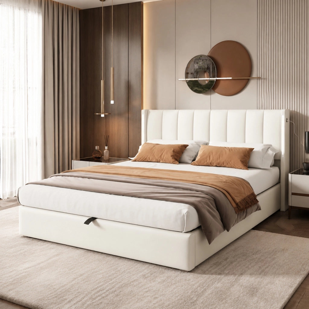 Letto imbottito 140 x 190 cm con LED, USB, vano contenitore e testiera regolabile