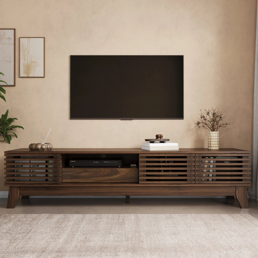 Mobile TV da 170 cm con frontali scanalati e 3 ante, MDF, noce