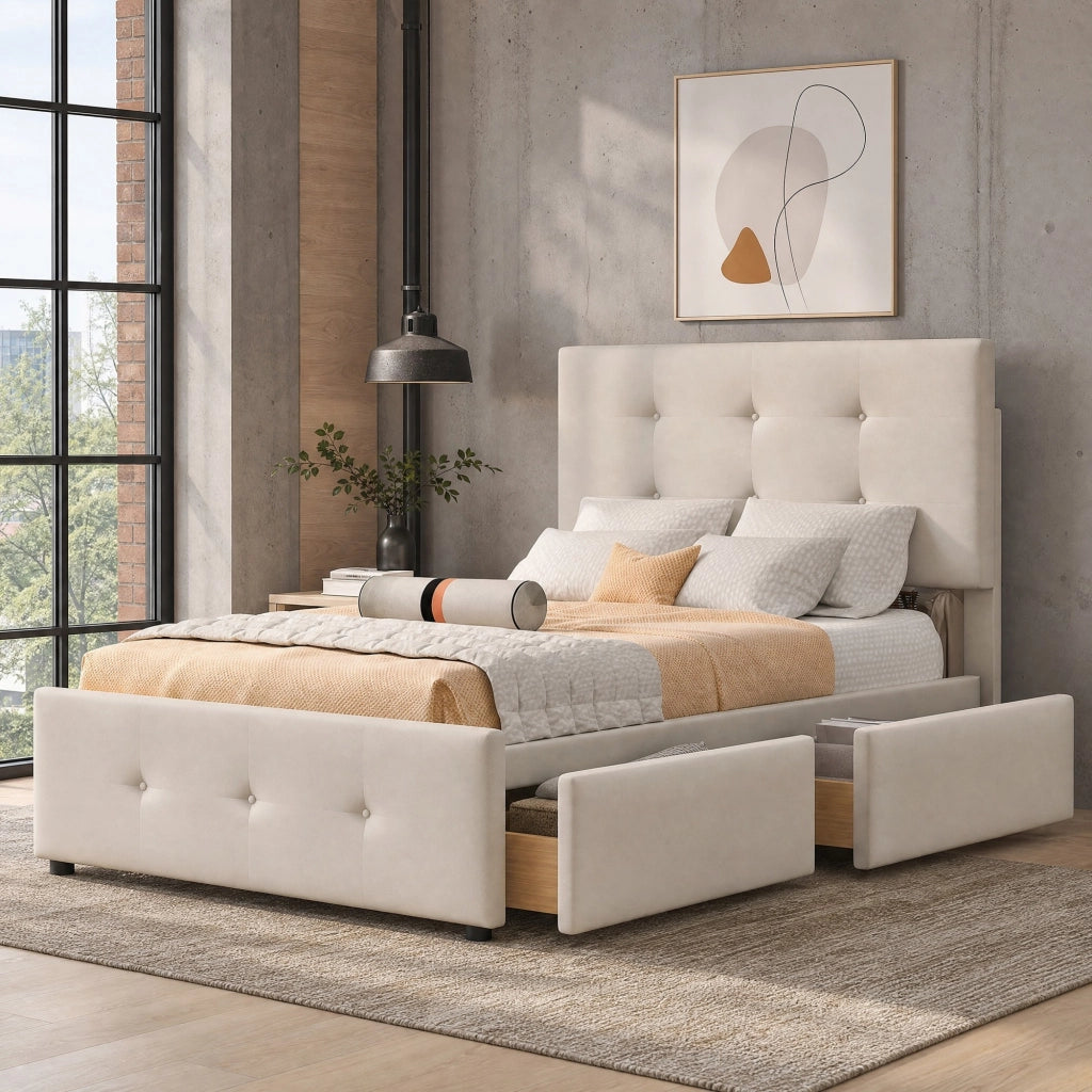 Letto imbottito 90x200 cm con rete a doghe e cassetto in velluto beige