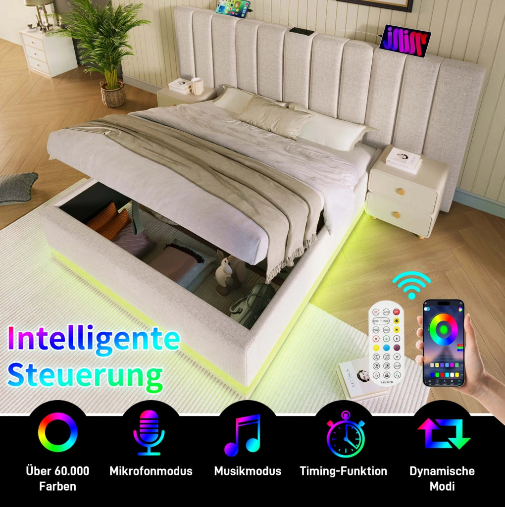 Letto contenitore 180 × 200 cm con LED; 3 USB e Type-C; lino beige