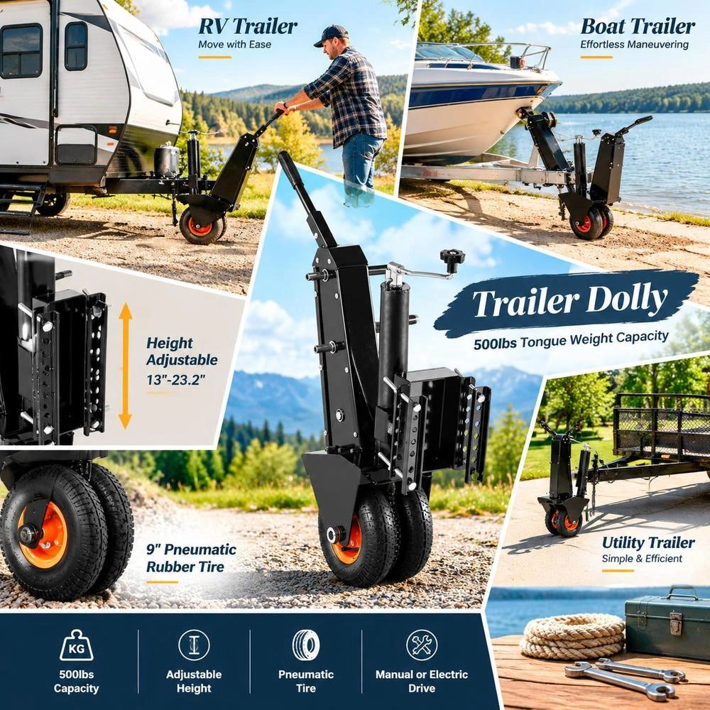 Trailer Maneuvering Aid, 227 Kg Vertical Load, 330–590 Mm Height, 22.8 Cm Pneumatic Rubber Tire, Manual Or Electric Key Drive, For Moving Motorhome Trailers