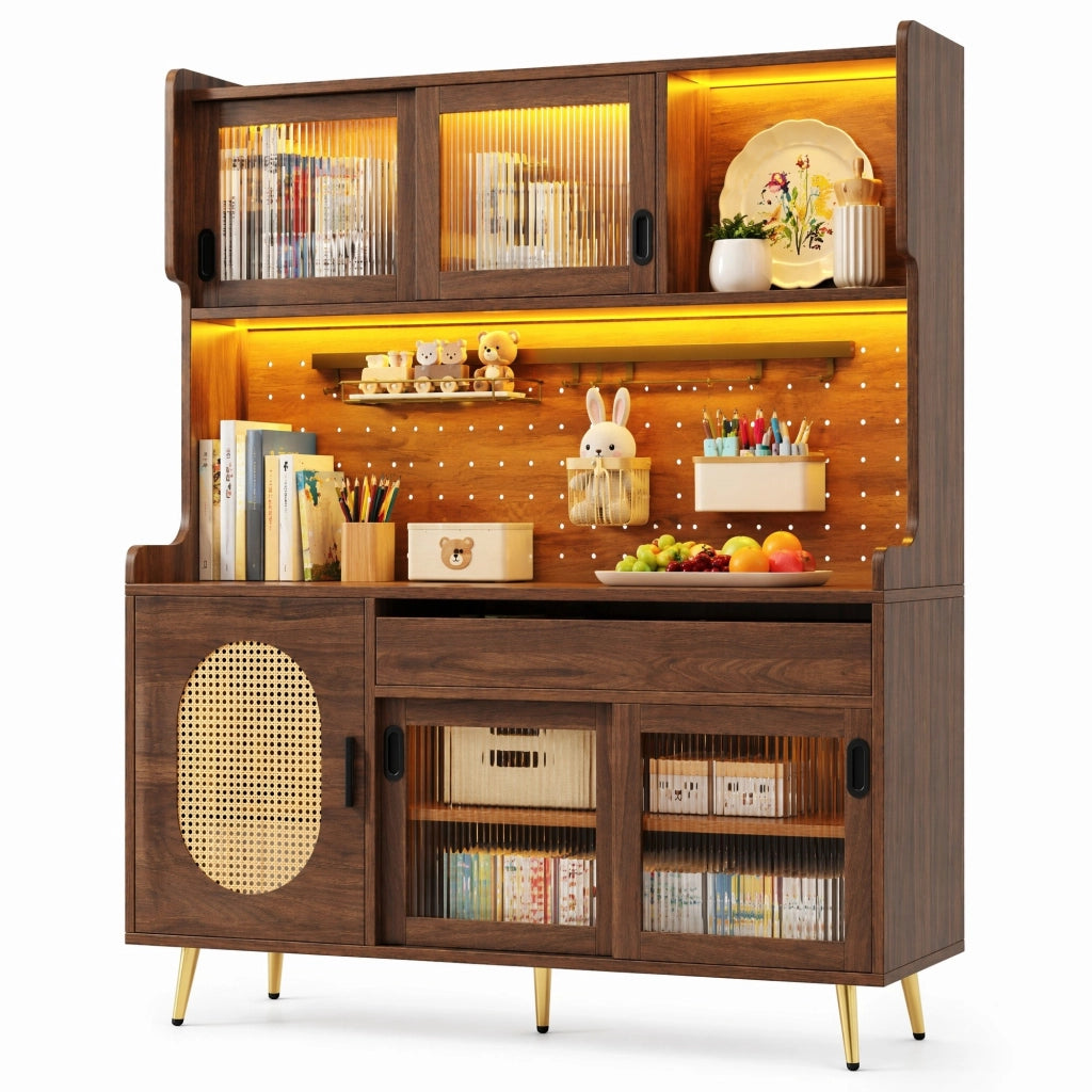 Credenza alta 145x39x171 cm in MDF marrone, 5 ante e LED per cucina