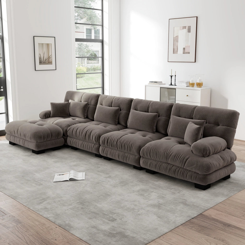 Divano modulare a L in chenille vintage marrone, 4 posti con pouf mobile