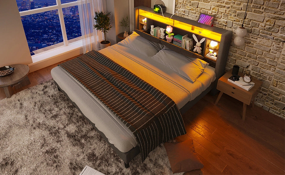 Letto matrimoniale imbottito con contenitore, testiera con USB e illuminazione LED, struttura in legno massello 140x200 cm grigio (senza materasso)