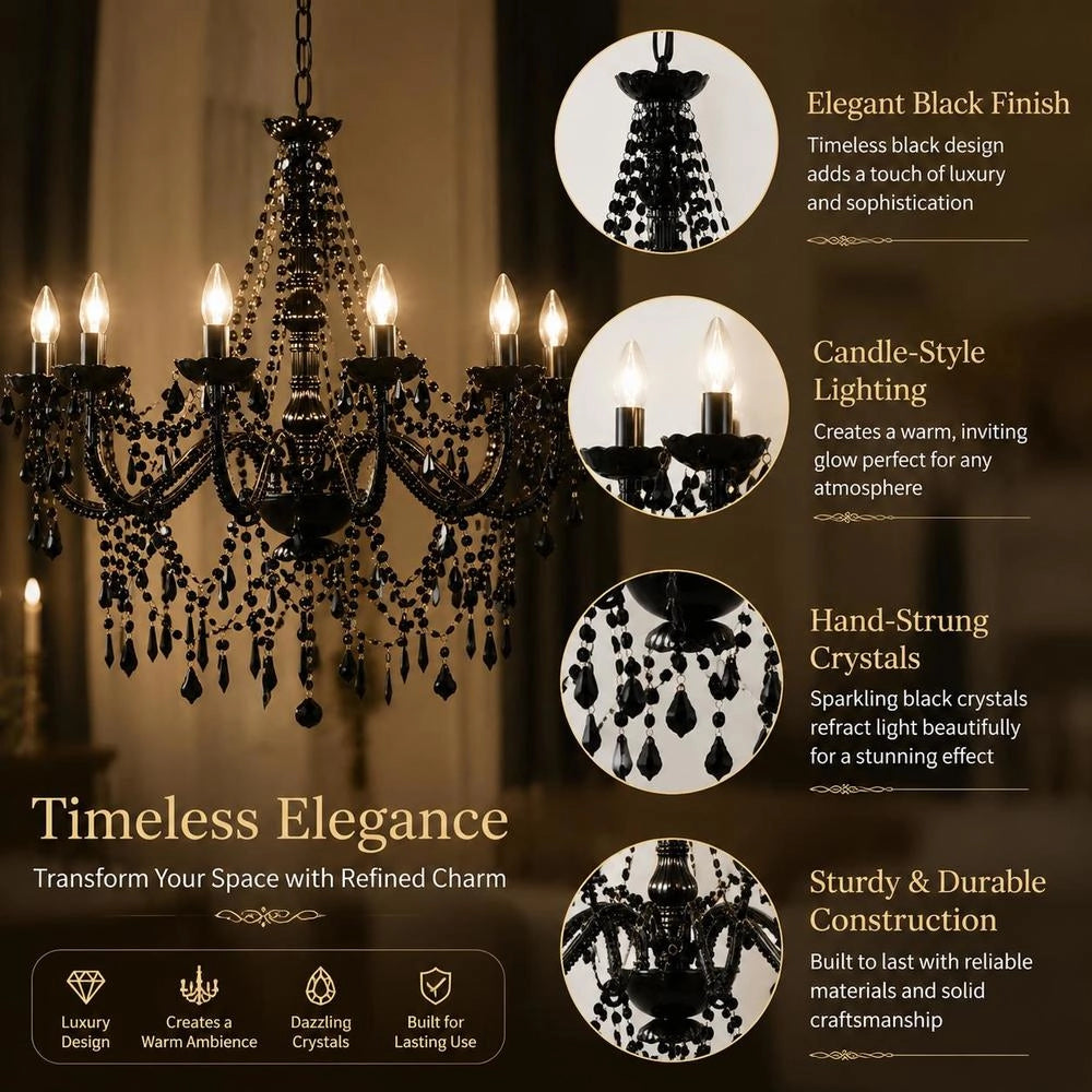 Black Chandelier With Pearls, 12 X E14 Sockets