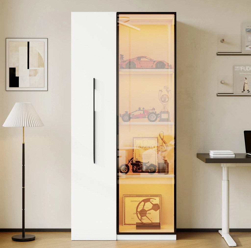 Mobile multifunzione bianco con libreria, vetrina LED e ruote