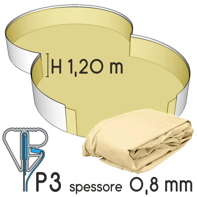 Liner Per Piscina A Forma Di Otto 5,25 X 3,20 H.1,50 M Azzurro - Attacco P1 - Spessore 0,80 Mm Colore: Sabbia, Altezza: 1.20 m, Tipo attacco: P3