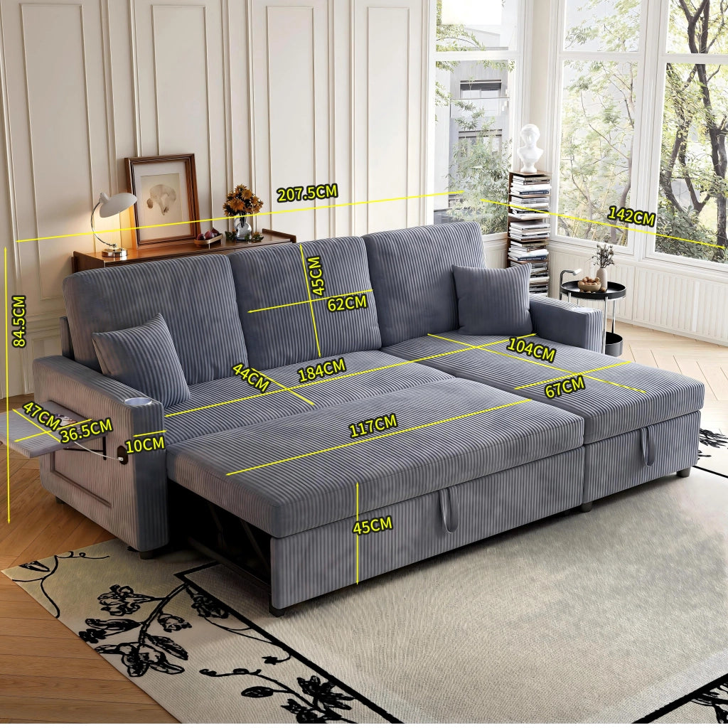 Divano letto angolare modulare - con contenitore; USB e tavolino - in corduroy grigio