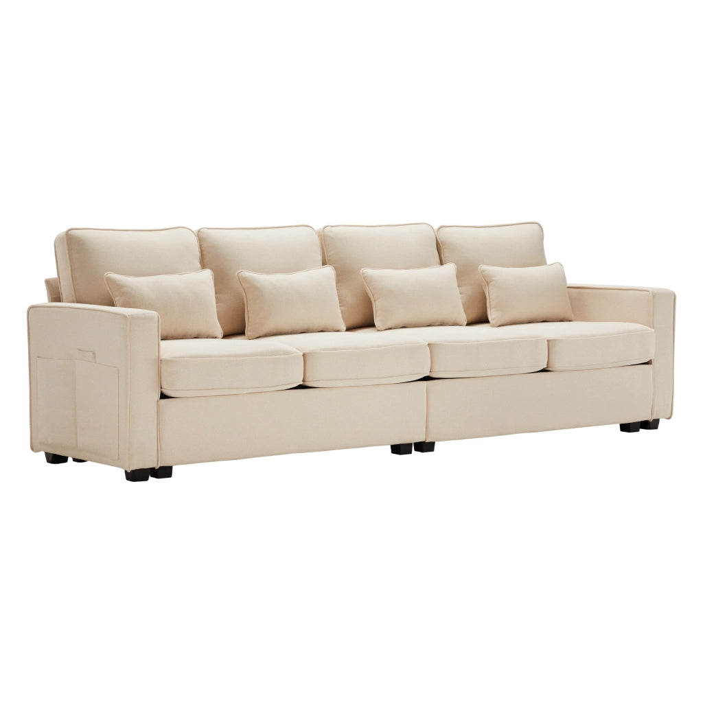 Divano 4 Posti in Tessuto con Braccioli e Cuscini ¨C MINIMAL ¨C Beige/Grigio/Verde