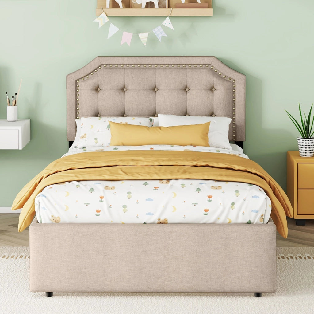 Letto singolo imbottito beige scuro 90x200 cm con testiera regolabile e 2 cassetti