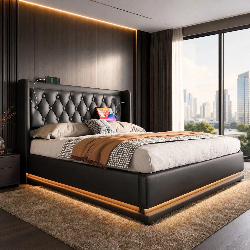Letto matrimoniale contenitore 140 × 200 cm in PU nero con LED; USB e Type-C