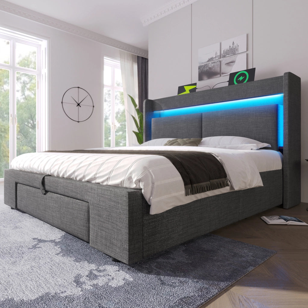 Letto imbottito 180 × 200 cm con contenitore idraulico; LED; USB/USB-C; lino grigio