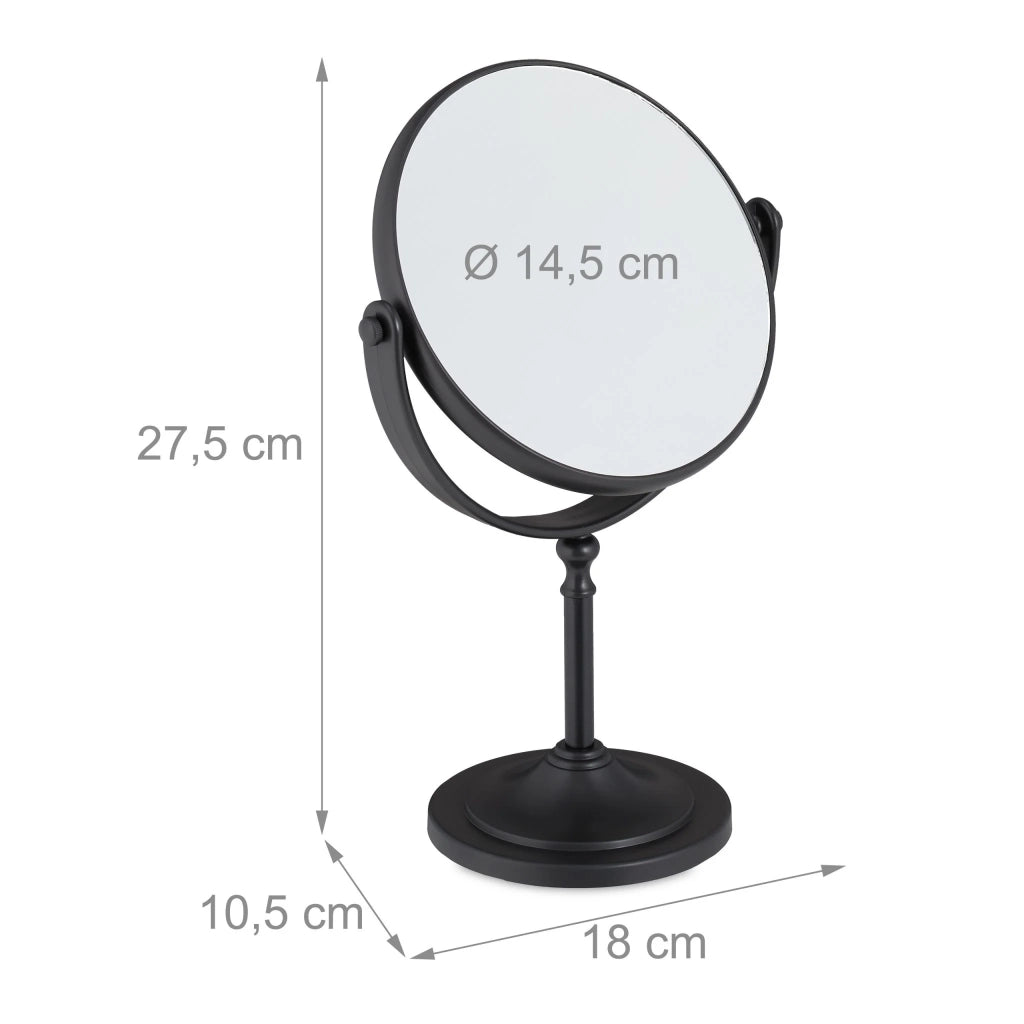 Specchio cosmetico rotondo con piedistallo a 360 gradi per la cura del viso con ingrandimento 2 volte in metallo nero 13_0011117