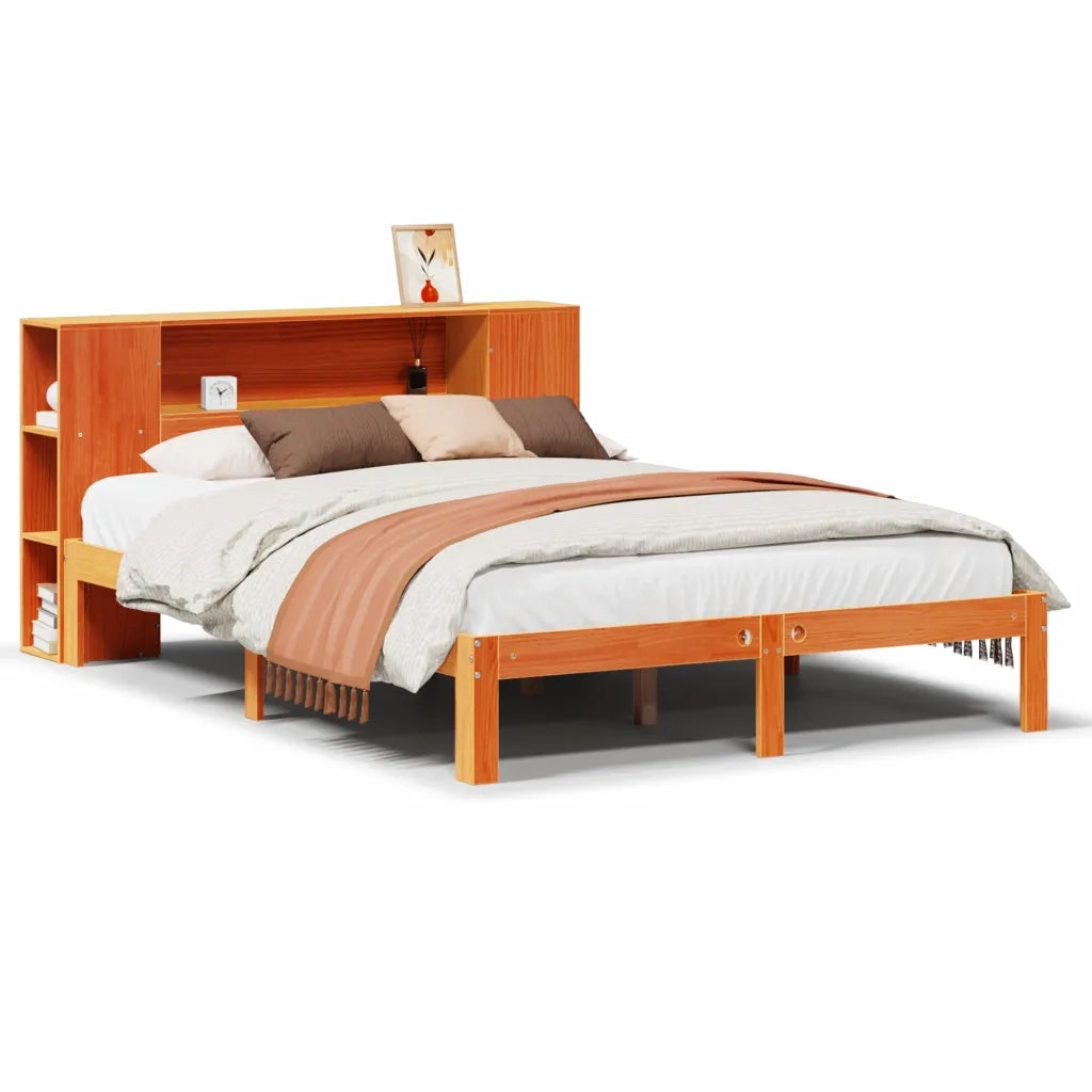 Letto Libreria senza Materasso-Struttura Letto con contenitore Marrone Cera 135x190 cm in Pino 543486