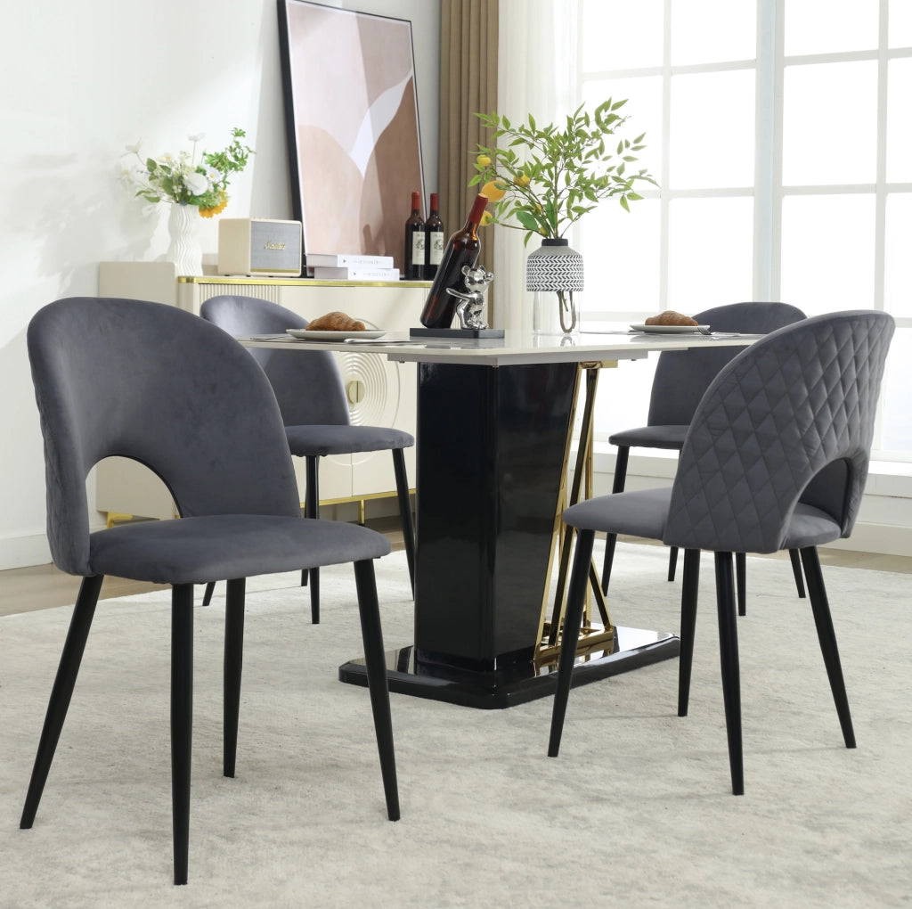 Set da 4 Sedie da Pranzo in Velluto Grigio con Schienale e Gambe Regolabili in Metallo - Design a Rombo