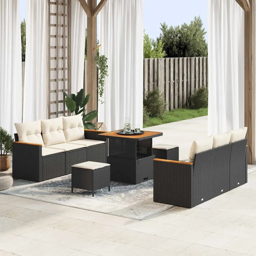 Set Divano da Giardino 11 pcs Nero e Crema polyrattan