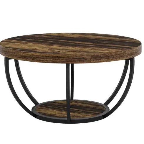 TAVOLINO DA SALOTTO Rotondo a 2 livelli Rustic Metallo e Legno