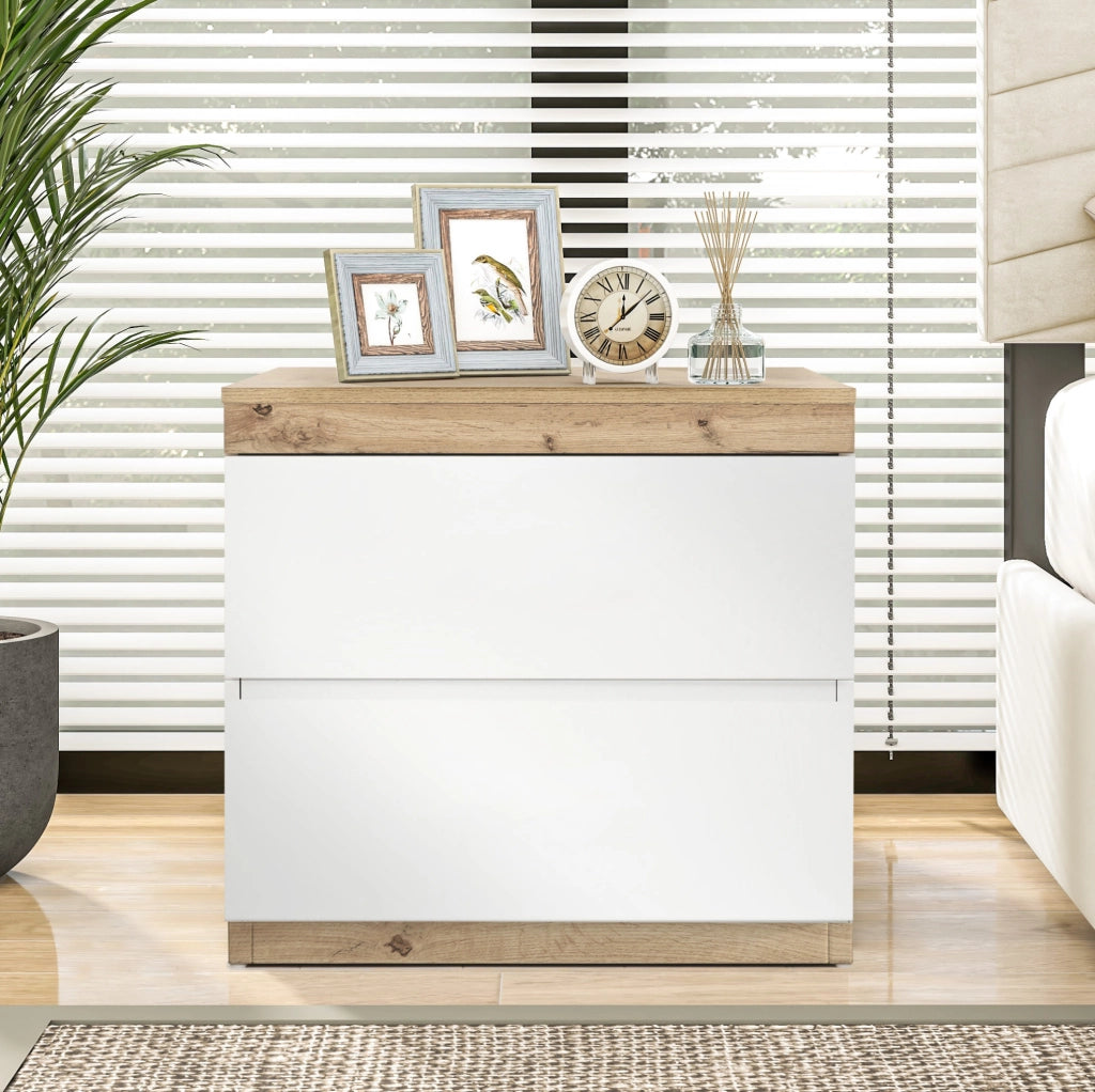 Comodino classico bianco e rovere con 2 cassetti