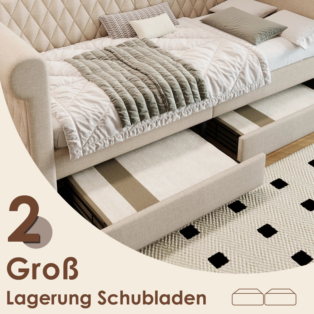 Letto imbottito divano letto da giorno 90x200 cm con 2 cassetti contenitore, testiera vintage, rete a doghe in legno, lino beige, senza materasso