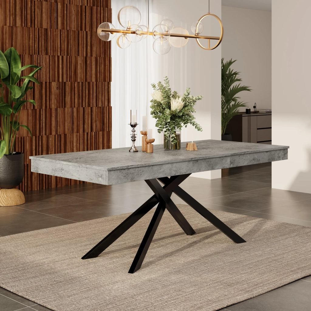 Tavolo da pranzo allungabile grigio 140/180x80 cm, stile semplice, piano spesso e gambe in metallo, per 6-8 persone, forma rettangolare, per cucina e soggiorno
