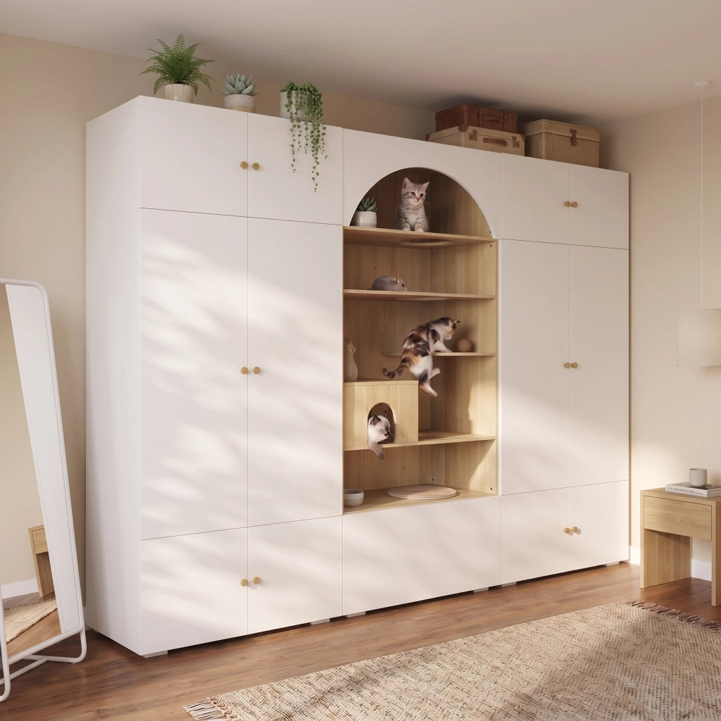 Armadio 270 x 50 x 200 cm con spazio per animali; parete da arrampicata per gatti; cuscino per animali; 1 asta appendiabiti; bianco/effetto legno