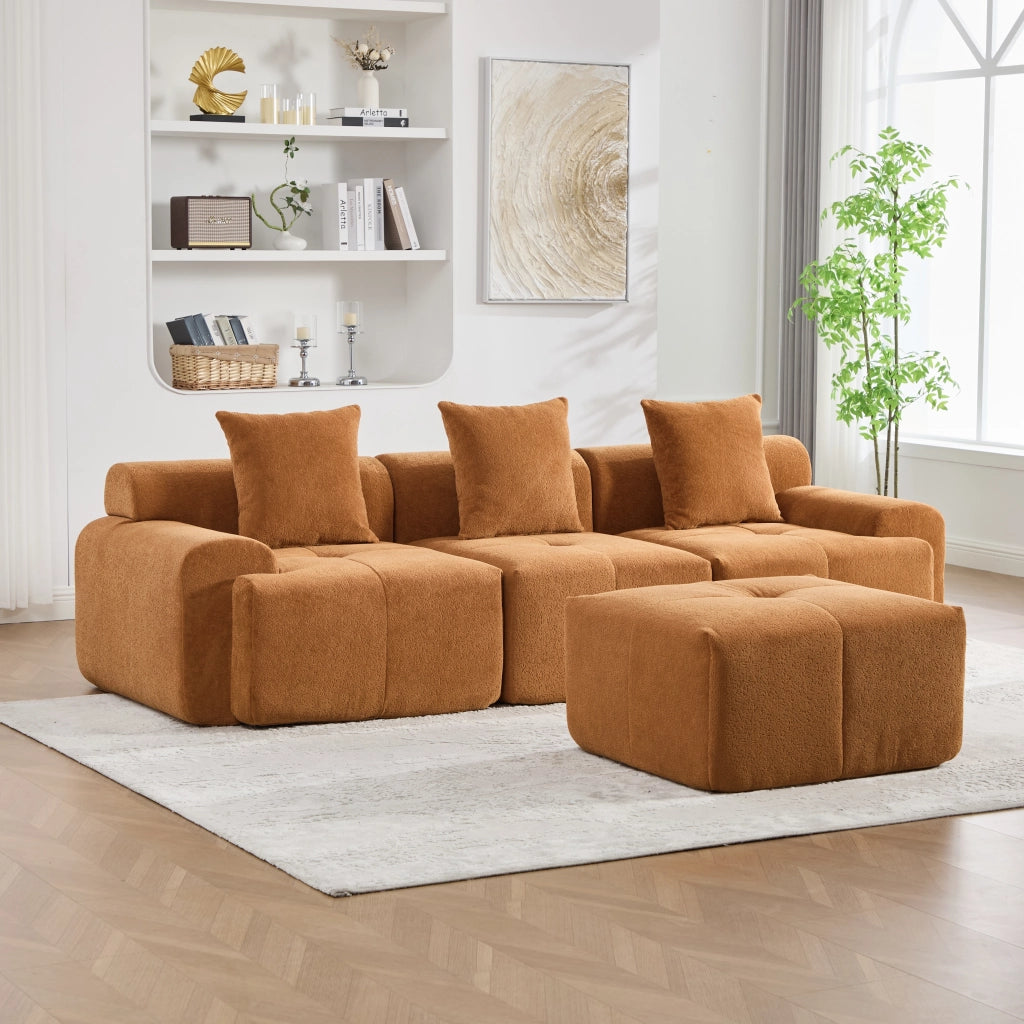 Divano angolare arancione modulare 3 posti in tessuto; 268x102x78 cm