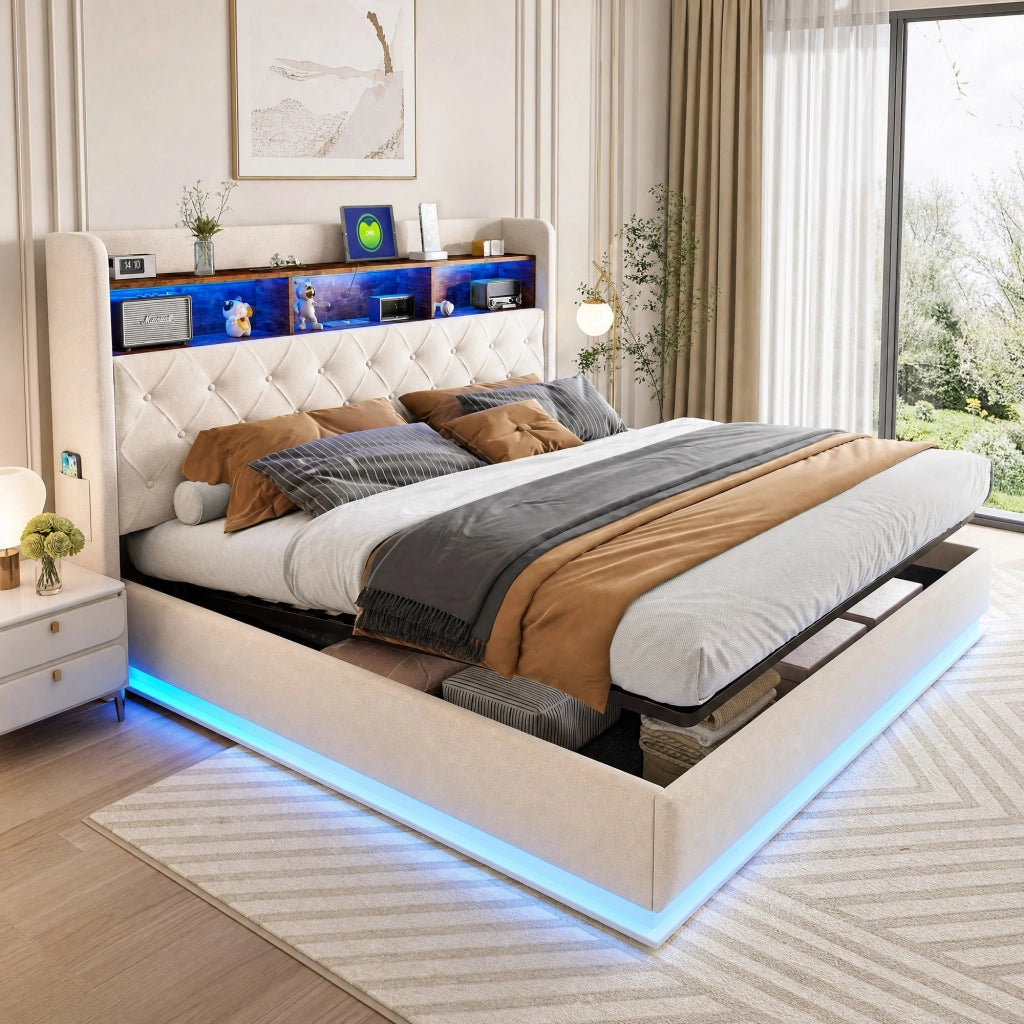 Letto imbottito LED 180x200 cm beige con USB e vano contenitore