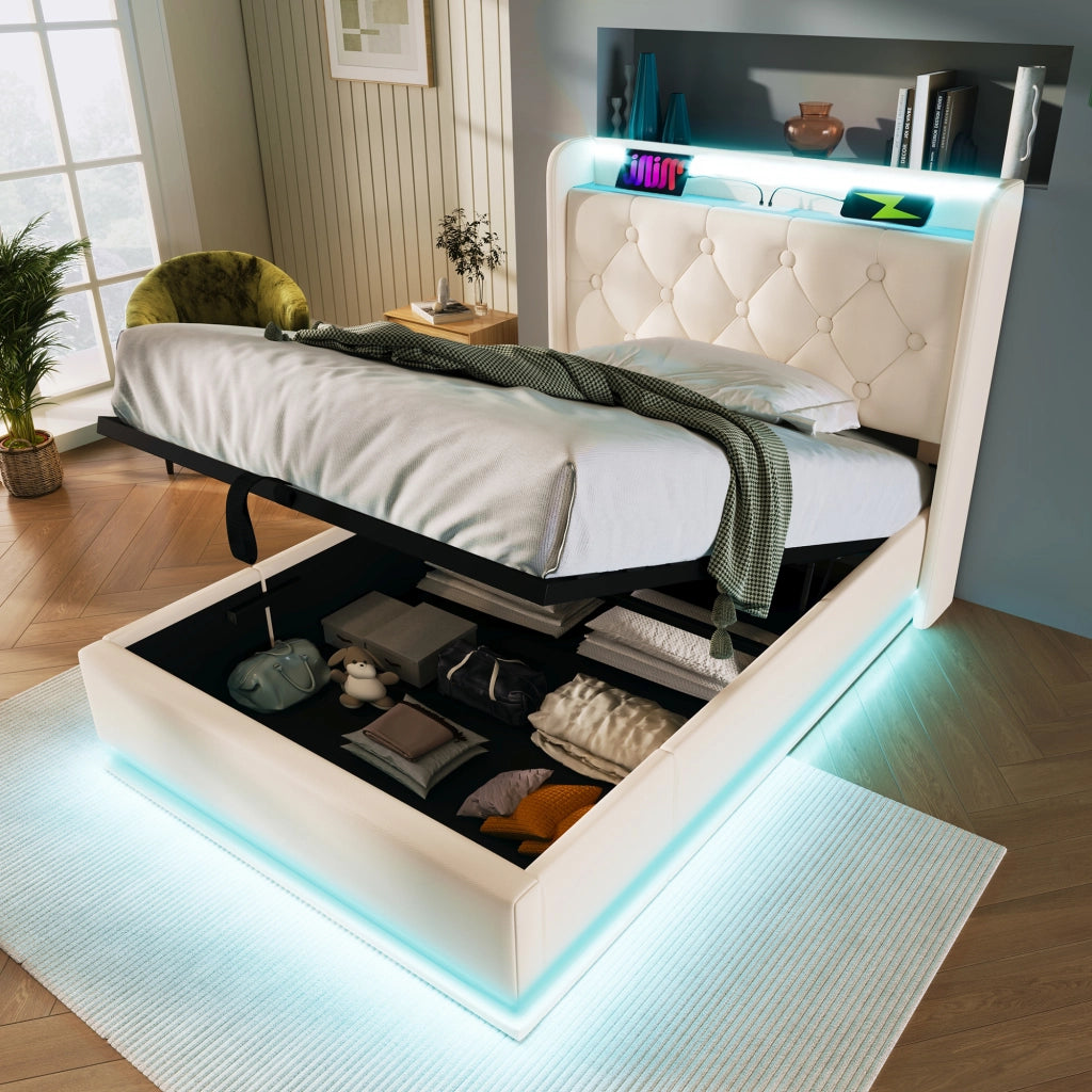 Letto contenitore imbottito bianco in PU 90x200 cm