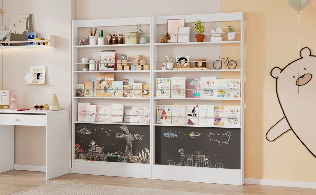 Set Scrivania e Libreria per Bambini 2 Pezzi con 5 Cassetti, 4 Ripiani e Lavagna, Bianco