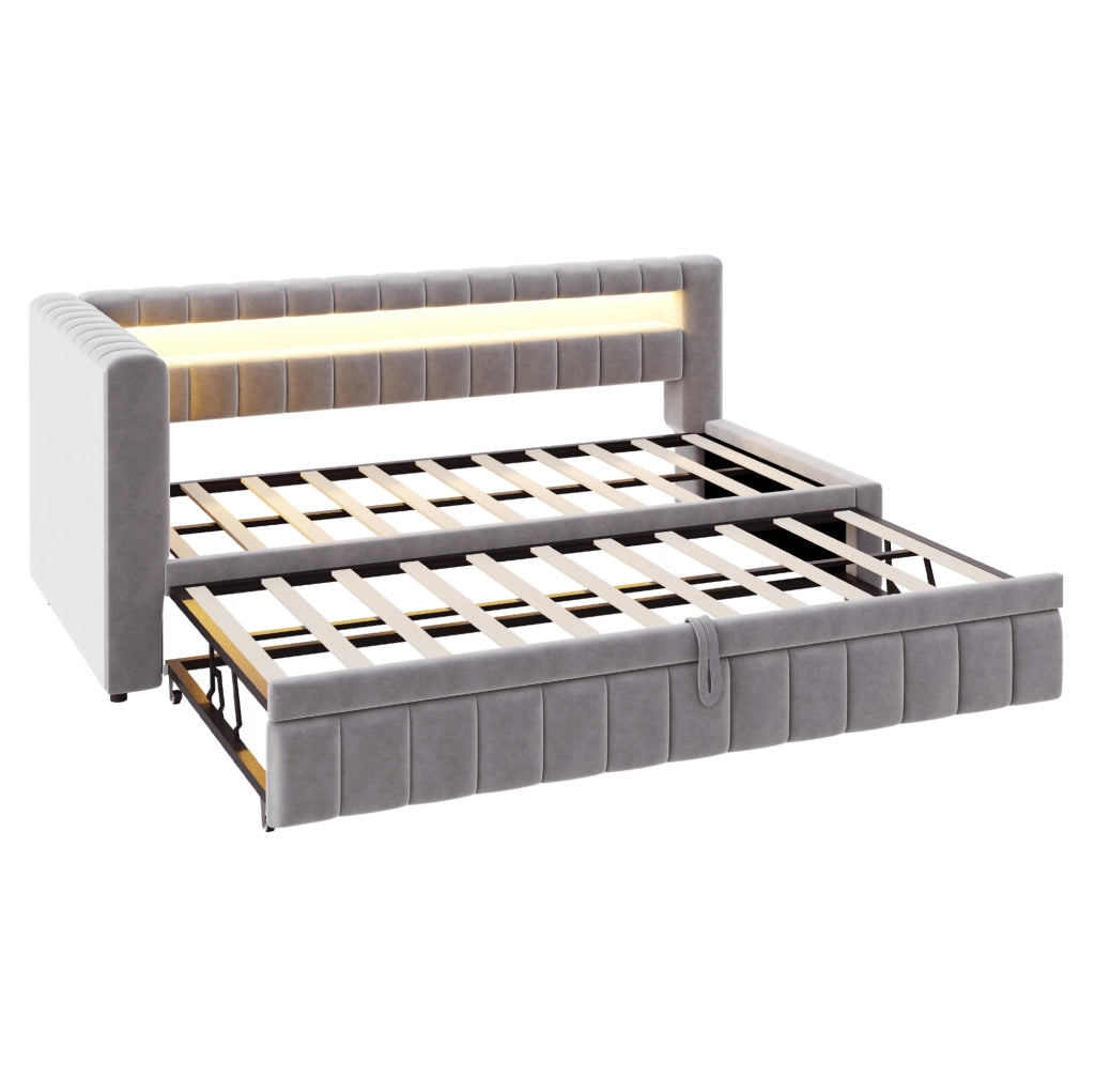 Letto imbottito trasformabile 90x200 cm con LED; USB e ripiani integrati; velluto grigio chiaro