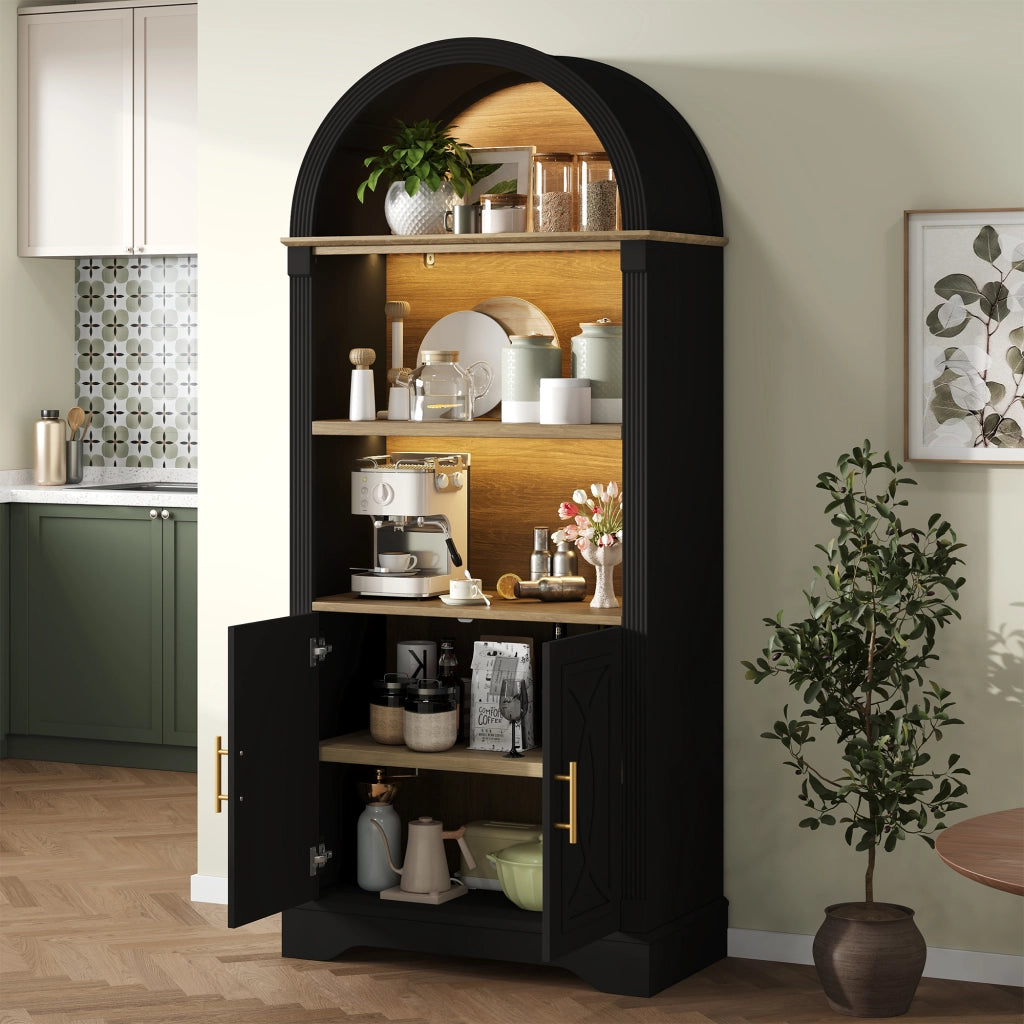 Credenza alta con LED ripiano regolabile 2 ante e 3 vani aperti in MDF nero per cucina soggiorno 76,2 × 40,1 × 180 cm