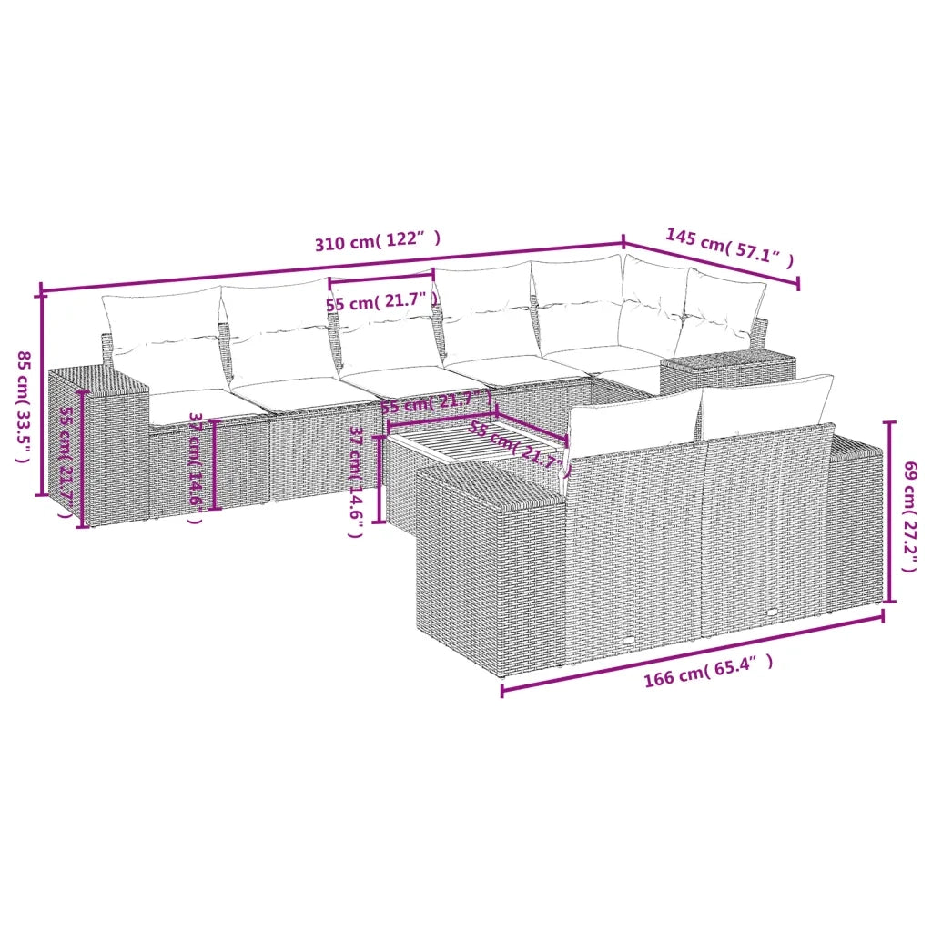 Set Divano da Giardino 9 pz con Cuscini Grigio in Polyrattan 3225535