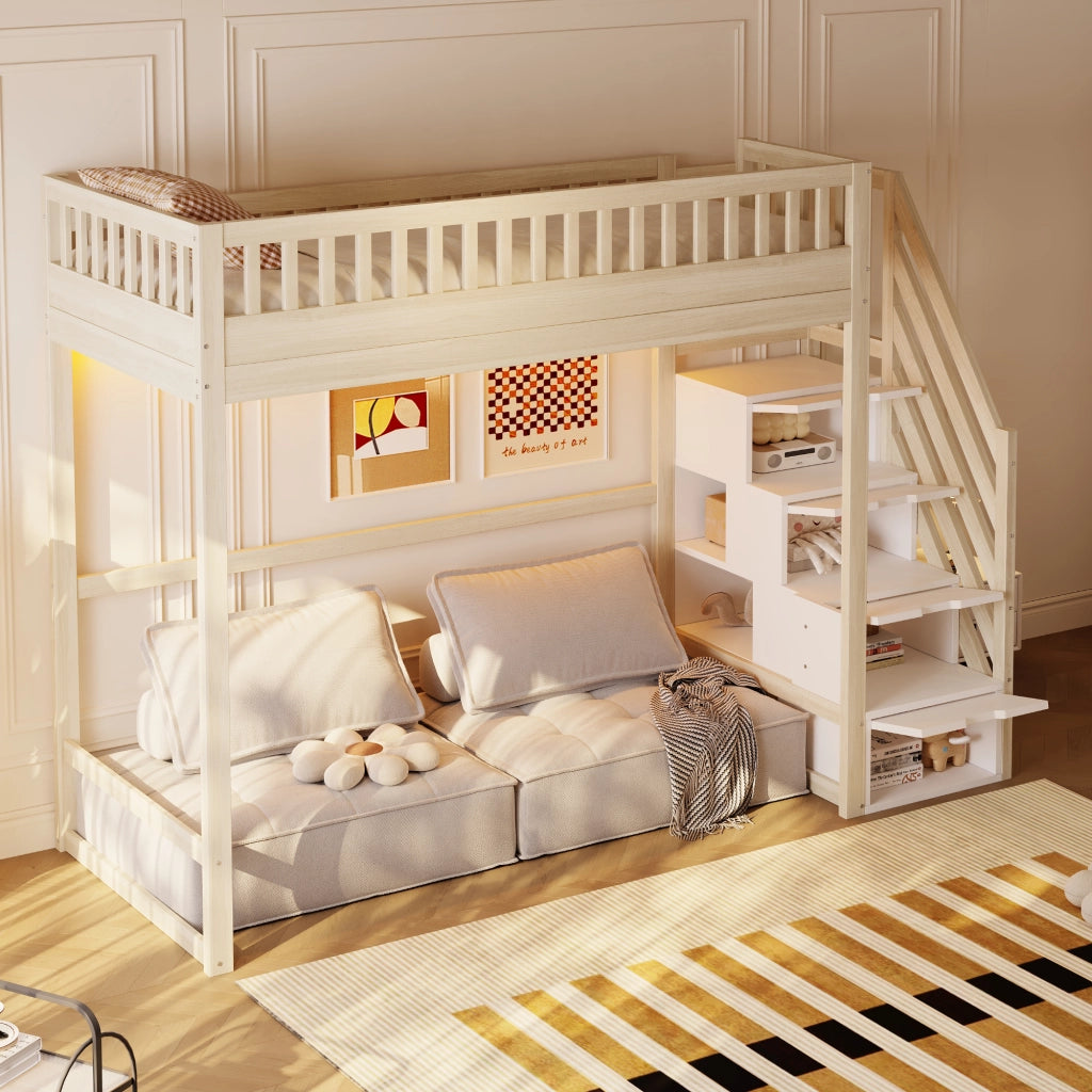 Letto a soppalco con scala reversibile con contenitore LED in legno