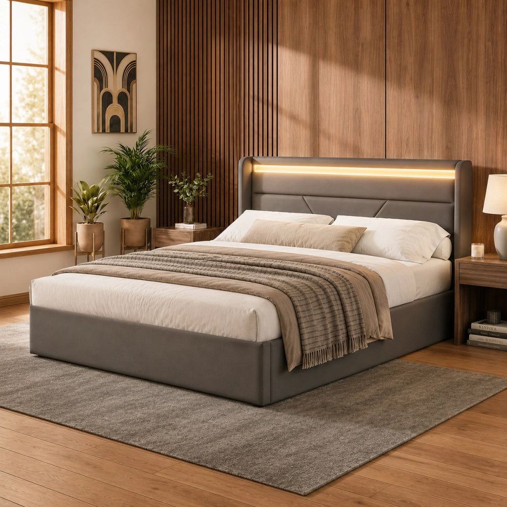 Letto contenitore imbottito grigio 140x200 cm con LED