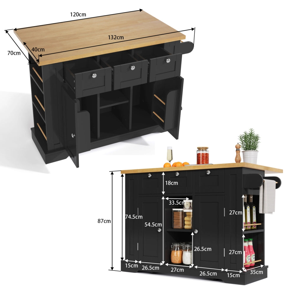 ISOLA DA CUCINA 132x40(70)x87 cm MDF Naturale e Nero con ruote e presa USB
