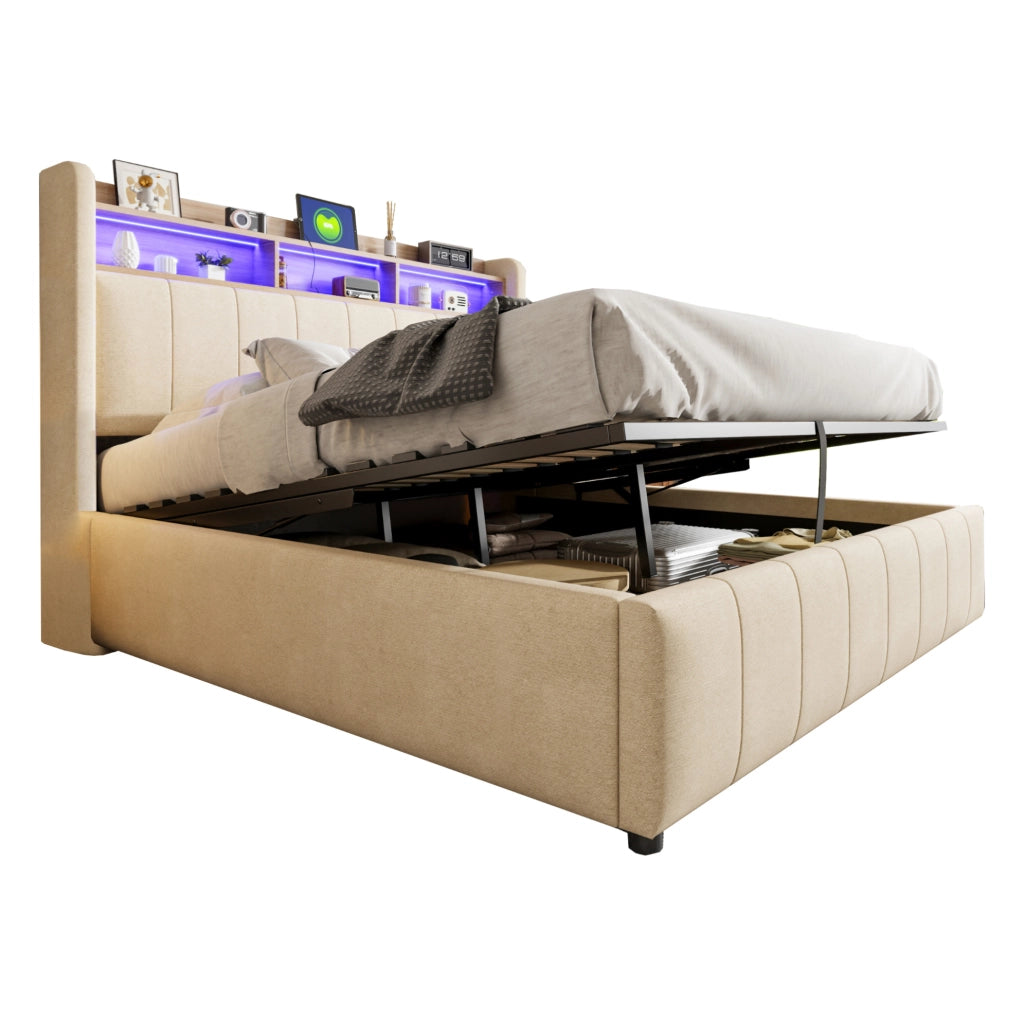 Letto imbottito 160x200 cm con LED; USB e Type-C; contenitore idraulico beige