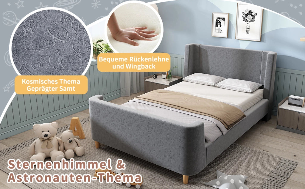 Letto singolo per bambini 90x200 cm in velluto grigio con struttura in metallo e legno massello, design a slitta con motivo spaziale