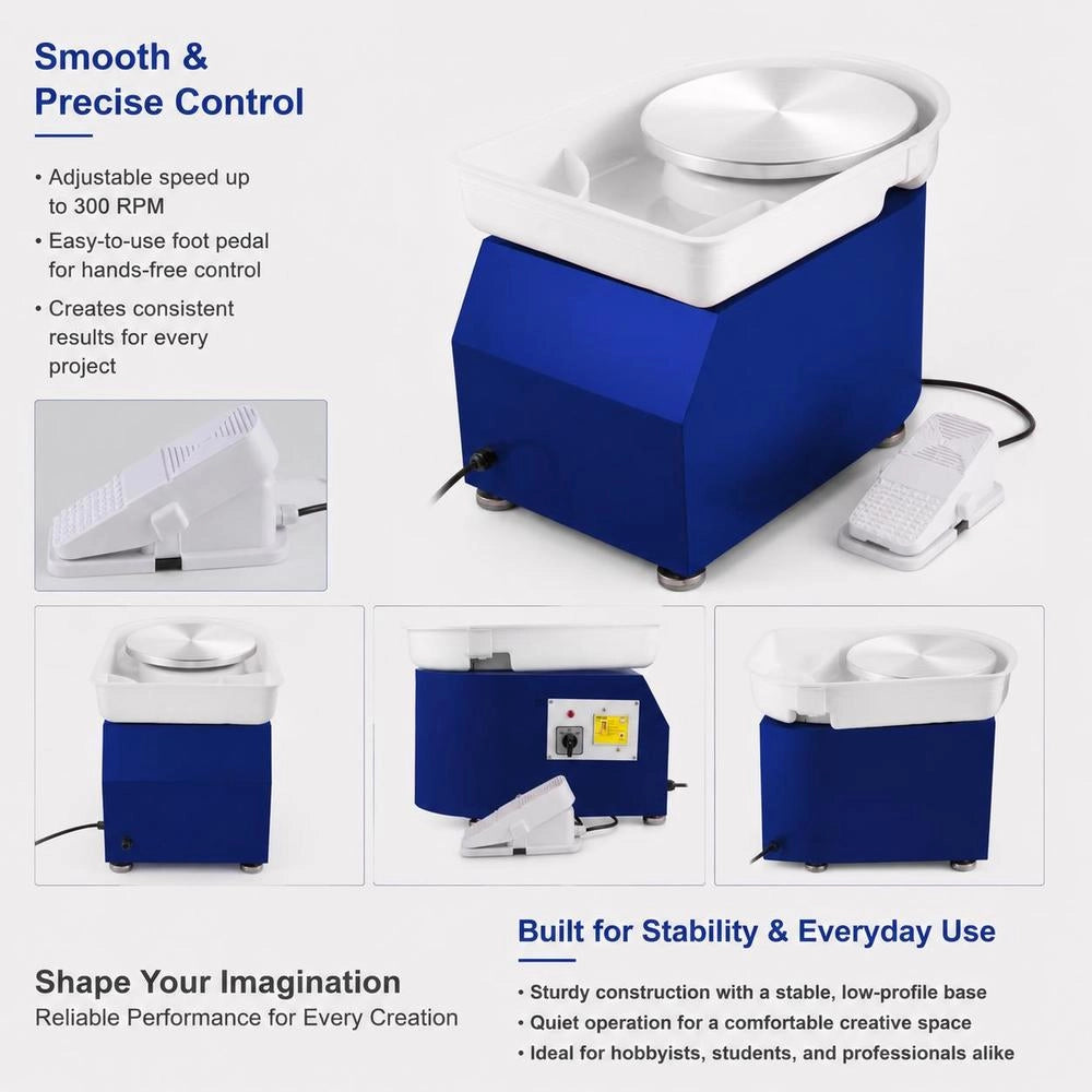 350W Pottery Wheel, 220V Ceramic Wheel Machine, 28cm Electric Pottery Wheel, Foot Pedal Control, 60 DB, 300 Rpm Pottery Art DIY Crafting Turntable, Blue, 13.3 Kg